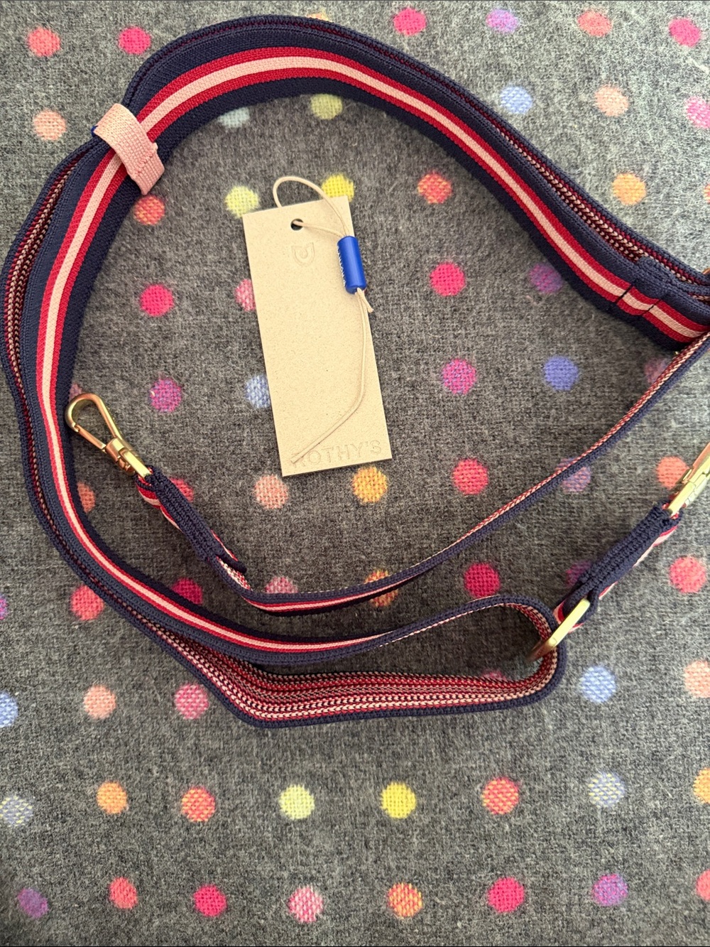 Rothy’s Adjustable Navy, Red & Pink Striped Crossbody Strap with gold hardware